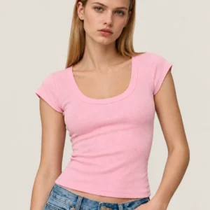 Fitted Scoop-Neck Ribbed Short-Sleeve T-Shirt