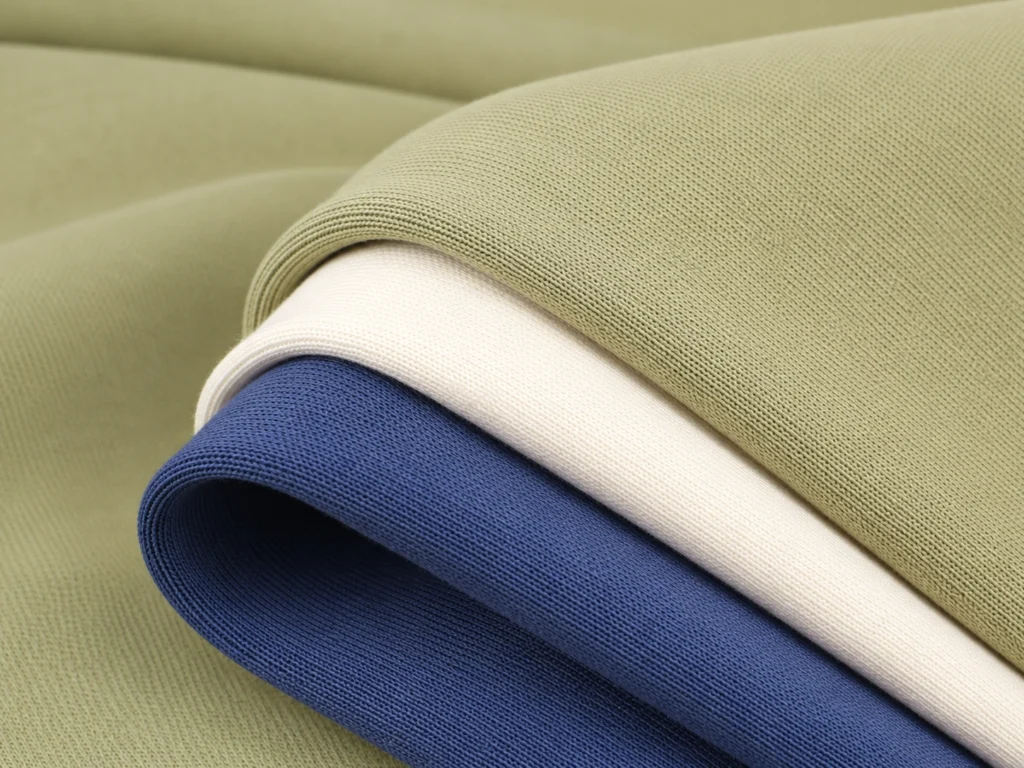 Close-up of layered green, cream, and navy knit fabrics showing different surface textures and structures